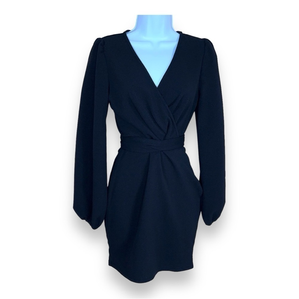 SMALL SHEIN BLACK BELTED DRESS STRETCH LONG SLEEVE PUFF SLEEVE CLASSIC